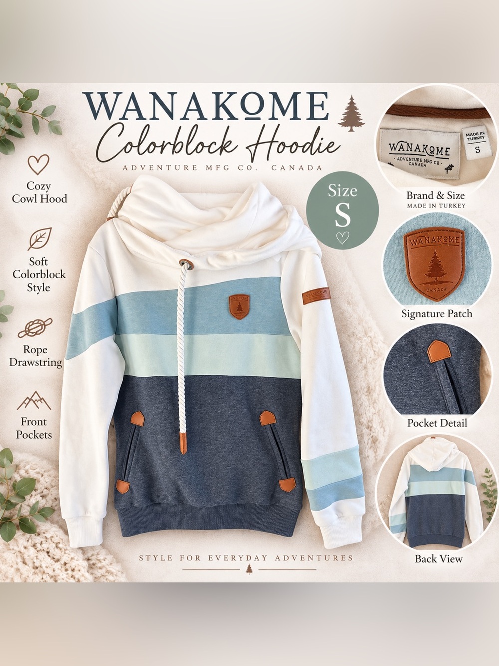 WANAKOME Colorblock Cowl Hoodie in White, Light Blue & Navy